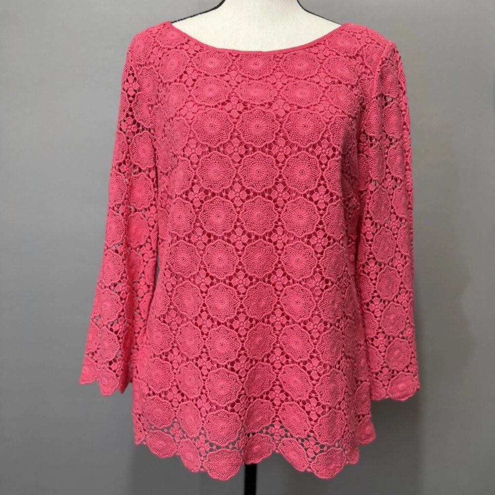 Talbots Pink Lace Blouse Women's Sz 8 Lined Cotton Floral Cottagecore Romantic